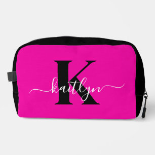 Modern Hot Pink Black Script Monogram Dopp Kit