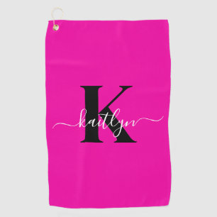 Modern Hot Pink Black Script Monogram Golf Towel