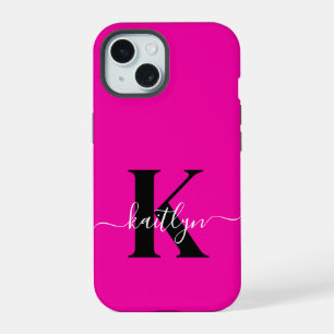 Modern Hot Pink Black Script Monogram iPhone 15 Case