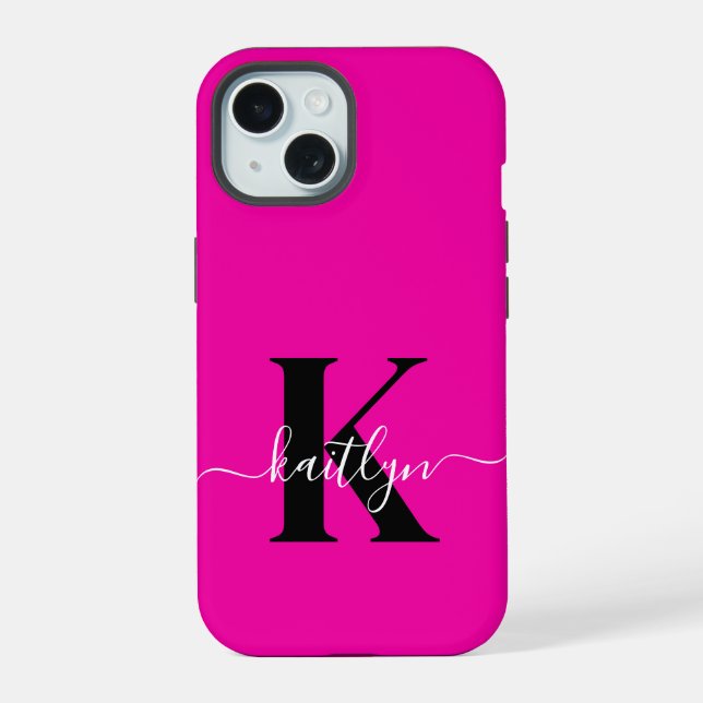 Modern Hot Pink Black Script Monogram iPhone 15 Case (Back)