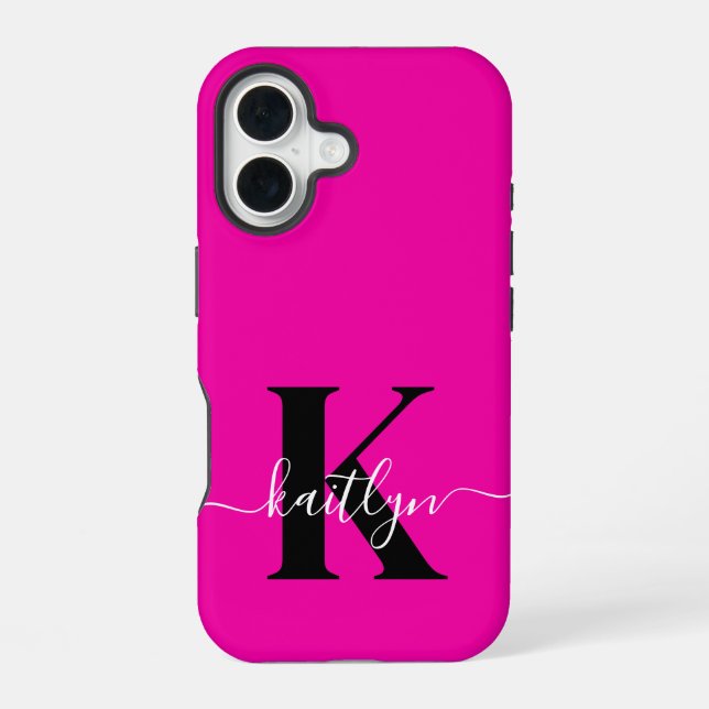 Modern Hot Pink Black Script Monogram iPhone 16 Case (Back)