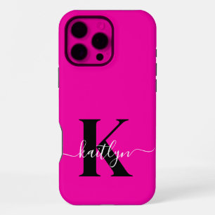 Modern Hot Pink Black Script Monogram iPhone 16 Pro Max Case