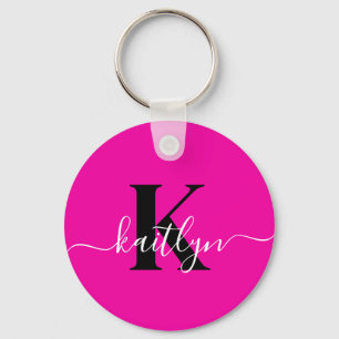 Modern Hot Pink Black Script Monogram Key Ring