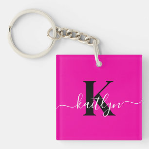 Modern Hot Pink Black Script Monogram Key Ring
