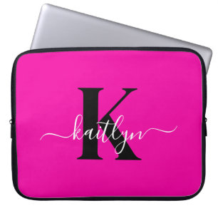 Modern Hot Pink Black Script Monogram Laptop Sleeve