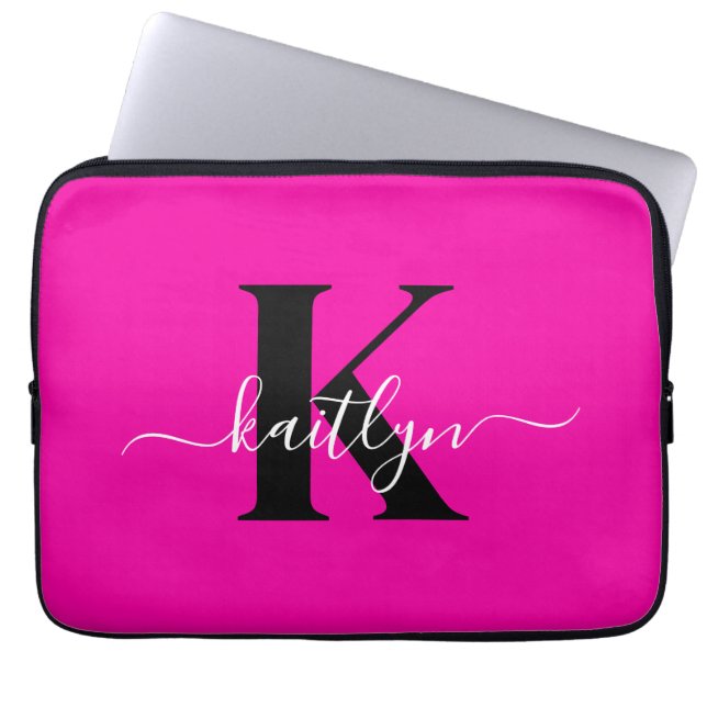 Modern Hot Pink Black Script Monogram Laptop Sleeve (Front)