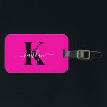 Modern Hot Pink Black Script Monogram Luggage Tag<br><div class="desc">This simple, elegant hot pink luggage tag with your first name in a trendy script font in white typed over your first initial in a modern cap font in black on one side and a slide in card for your name, address and phone number on the other would look fabulous...</div>