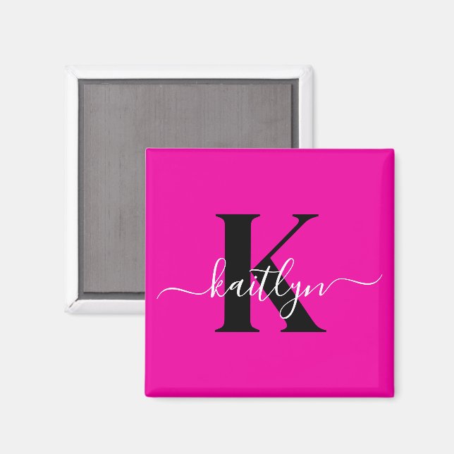 Modern Hot Pink Black Script Monogram Magnet (Front/Back)