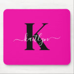 Modern Hot Pink Black Script Monogram Mouse Pad<br><div class="desc">This simple,  elegant hot pink mousepad with your first name in a trendy script font in white typed over your first initial in a modern cap font in black is perfect for your office/desk.  It's stylish and trendy and yet very classic.</div>