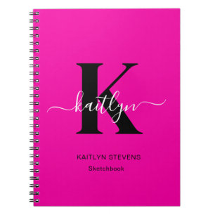 Modern Hot Pink Black Script Monogram Notebook