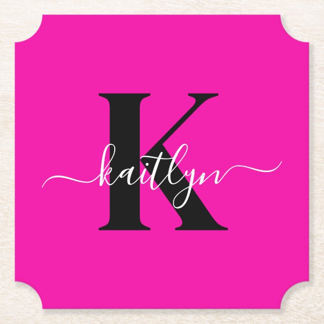Modern Hot Pink Black Script Monogram Paper Coaster (Front)