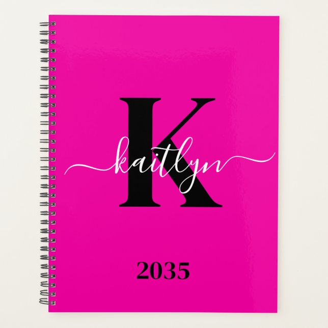Modern Hot Pink Black Script Monogram Planner (Front)