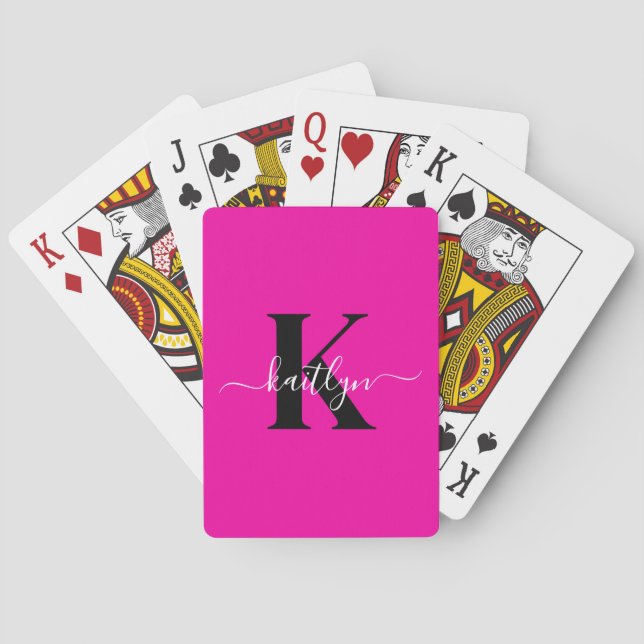 Modern Hot Pink Black Script Monogram Playing Cards (Back)