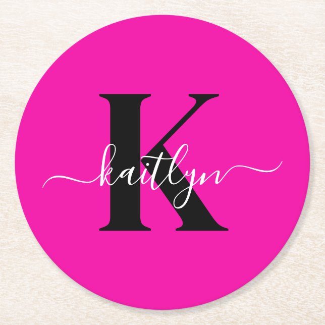Modern Hot Pink Black Script Monogram Round Paper Coaster (Front)