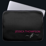 Modern Hot Pink Black Simple Script Monogram Name Laptop Sleeve<br><div class="desc">Customised monogrammed script name and initials modern and cute girly black and trendy hot pink. Add Your Names Laptop Sleeve personalised and perfect for the office or school.</div>
