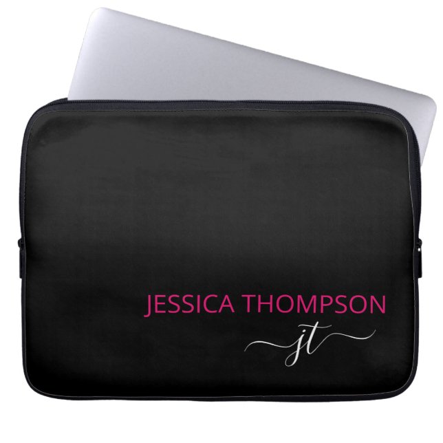 Modern Hot Pink Black Simple Script Monogram Name Laptop Sleeve (Front)