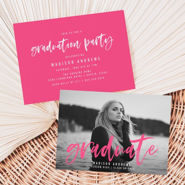 Modern Hot Pink Brush Script Graduation Party Invitation (Creator Uploaded)