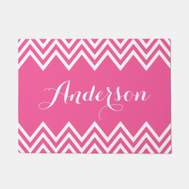 Modern Hot Pink Chevron Custom Monogram Doormat (Front)