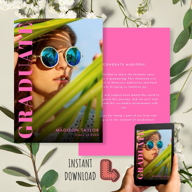 Modern Hot Pink Chic Graduate Photo Graduation  Announcement (Creator Uploaded)