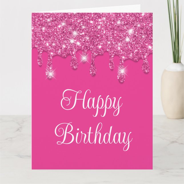 Modern Hot Pink Drips Glitter Happy Birthday Card (Front)