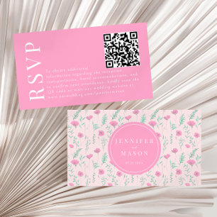 Modern hot pink floral wedding RSVP QR code cards