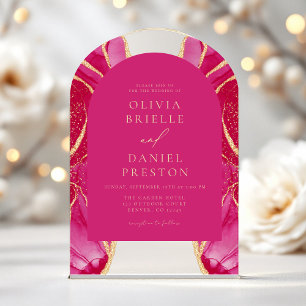 Modern Hot Pink Gold Agate Wedding Elegant Acrylic Invitations