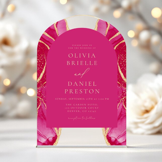Modern Hot Pink Gold Agate Wedding Elegant Acrylic Invitations (Creator Uploaded)