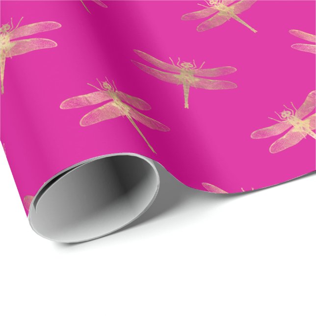 Modern Hot Pink  Gold Dragonfly Pattern  Wrapping Paper (Roll Corner)