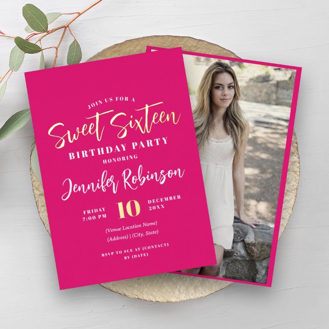 Modern Hot Pink Gold Photo Sweet 16 Sixteen  (Modern Hot Pink Gold Photo Sweet 16 Sixteen Foil Invitation)