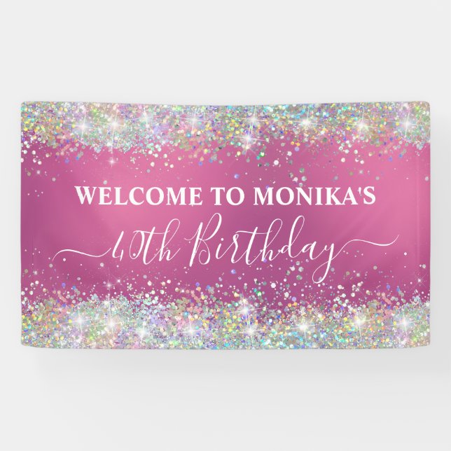Modern Hot Pink Holographic Faux Glitter Monogram Banner (Horizontal)