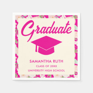 Modern Hot Pink Ivory Floral Graduation Party Napkin