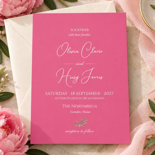 Modern Hot Pink Ivory Script Wedding Invitation (Modern Peony Pink Ivory Script Wedding Invitation)