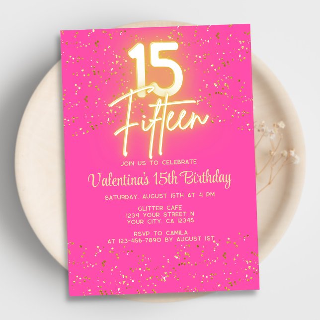 Modern Hot Pink Neon Glow Gold Glitter 15 Birthday Invitation (Creator Uploaded)