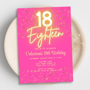 Modern Hot Pink Neon Glow Gold Glitter 18 Birthday Invitation