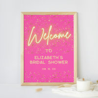 Modern Hot Pink Neon Glow Gold Glitter Welcome