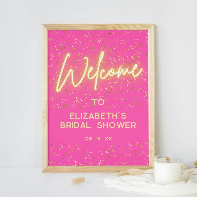 Modern Hot Pink Neon Glow Gold Glitter Welcome Poster (Creator Uploaded)