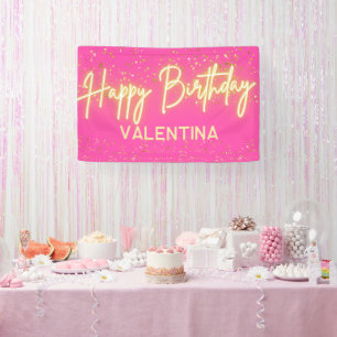 Modern Hot Pink Neon Glow Happy Birthday Party Banner