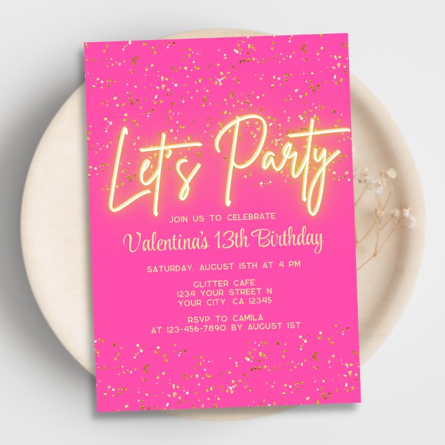 Modern Hot Pink Neon Glow Let's Party Birthday Invitation (Creator Uploaded)