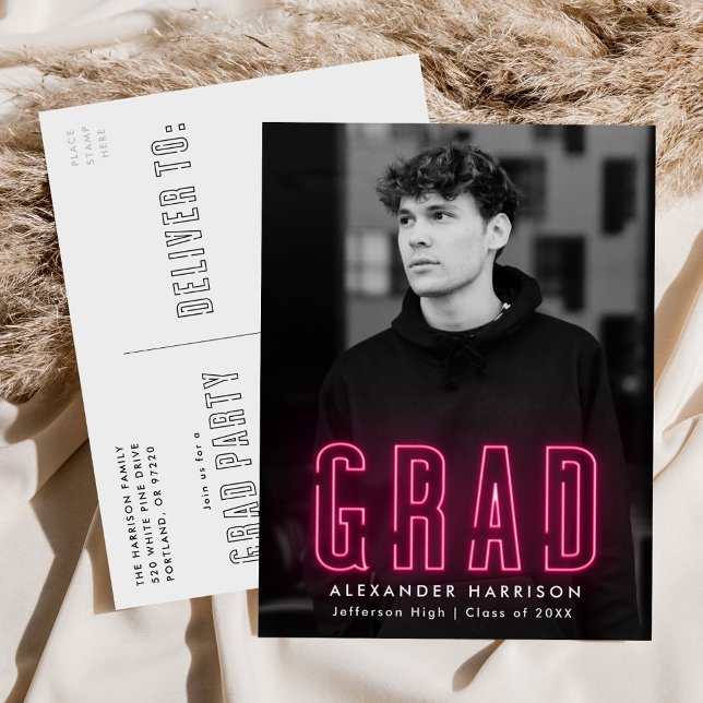 Modern Hot Pink Neon Photo Graduation Party Invitation Postcard (Creator Uploaded)