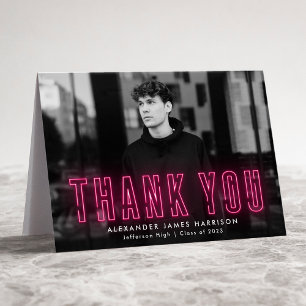 Modern Hot Pink Neon Photo Graduation Thank You Card
