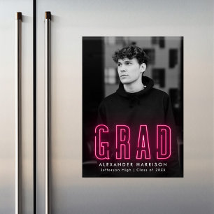 Modern Hot Pink Neon Vertical Photo Graduation Magnetic Invitation