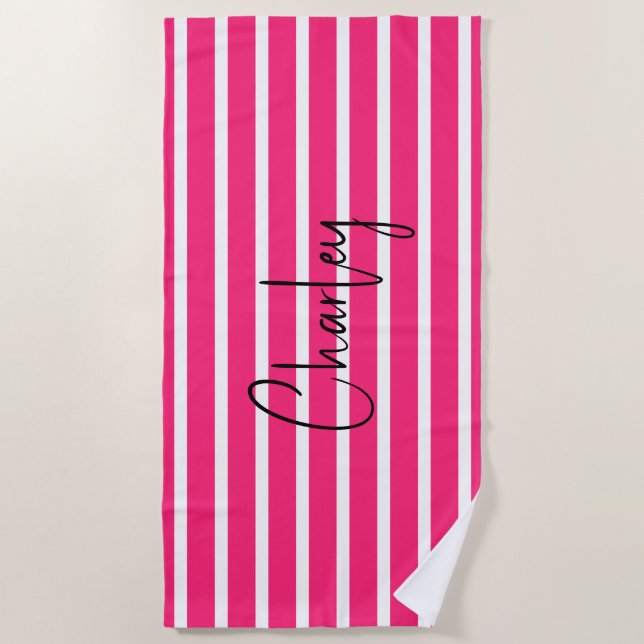 Modern Hot Pink Personalised II Beach Towel (Front)