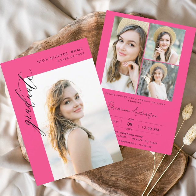 Modern Hot Pink Photo Graduation Party Invitation (Creator Uploaded)