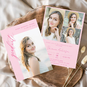Modern Hot Pink Photo Graduation Party Invitation