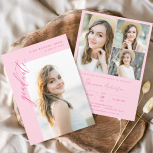 Modern Hot Pink Photo Graduation Party Invitation