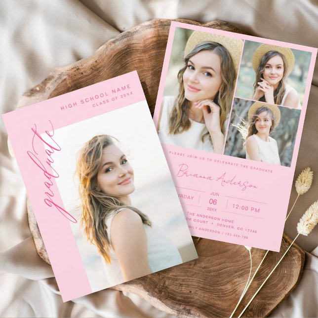 Modern Hot Pink Photo Graduation Party Invitation (Creator Uploaded)