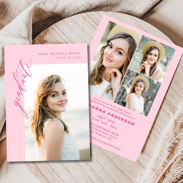 Modern Hot Pink Photo Graduation Party Invitation (Creator Uploaded)