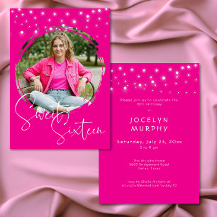 Modern Hot Pink Photo Sweet Sixteen Birthday Party Invitation