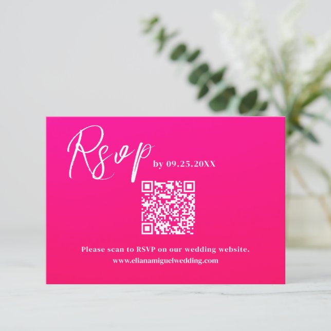Modern hot Pink QR Code Response Card wedding RSVP (Standing Front)