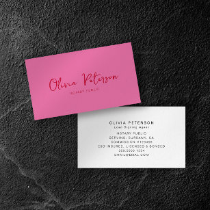 Modern Hot Pink Red Calligraphy Notary Business Card